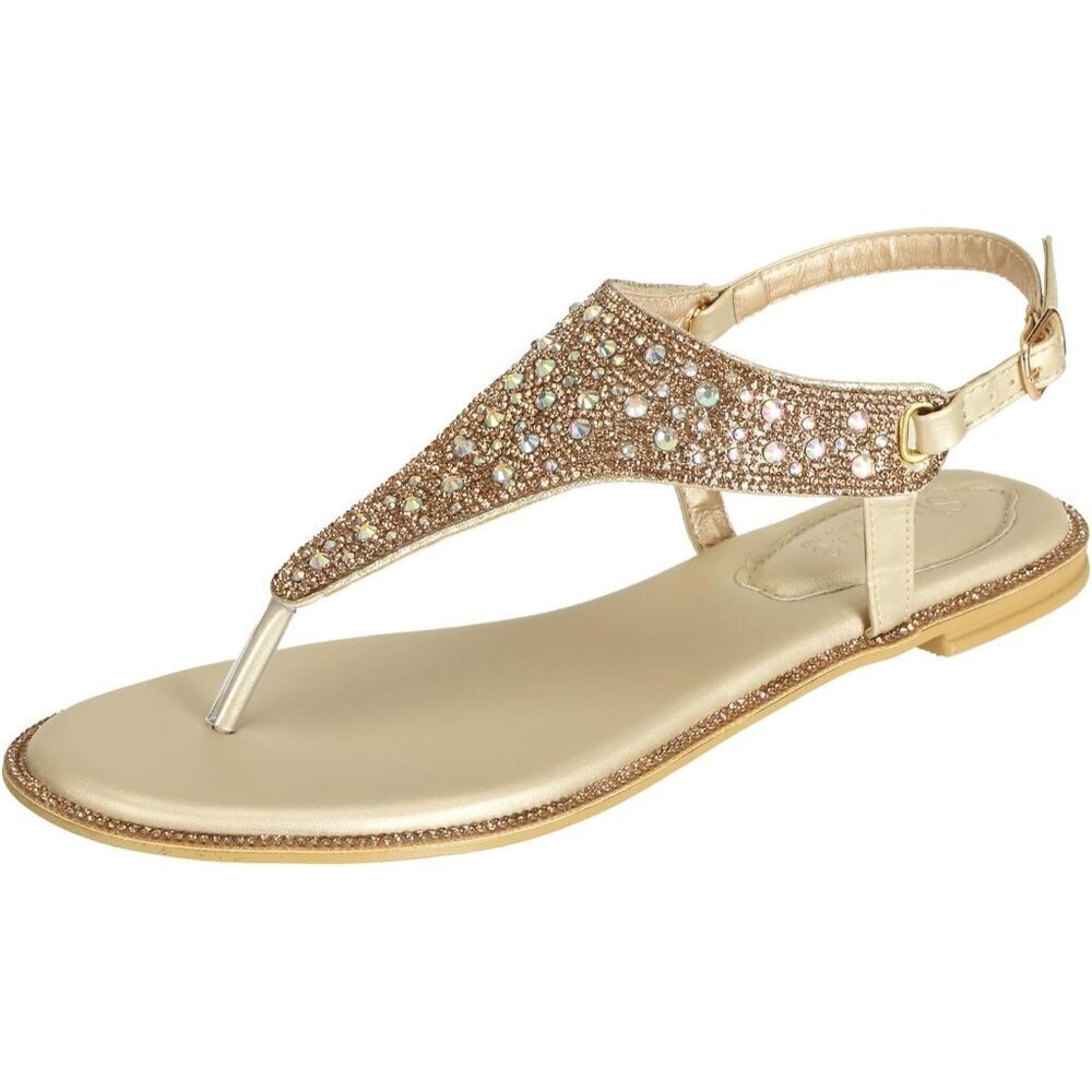 ❤️Women's  Gold Sparkly Flat Sandals Dressy Summer Bridal Wedding Shoes